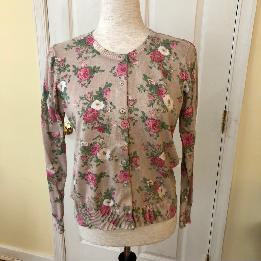 L.L.Bean Tan Floral Cardigan Sweater M